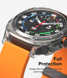 Galaxy Watch Ultra | Slim Extend & Glass - Clear protective case covering the watch body and lugs with an orange strap.