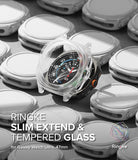 Galaxy Watch Ultra | Slim Extend & Glass - Clear protective case hovering over a Galaxy Watch Ultra on a gray surface.