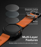 Galaxy Watch Ultra | Slim Extend & Glass - Exploded view of screen protector layers on a smartwatch with orange band.
