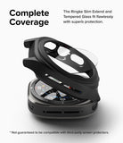 Galaxy Watch Ultra | Slim Extend & Glass - Black protective watch case and glass screen protector hovering over a watch.
