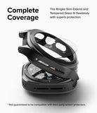 Galaxy Watch Ultra | Slim Extend & Glass - Black protective watch case and glass screen protector hovering over a watch.