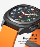 Galaxy Watch Ultra | Slim Extend & Glass - Close-up of a black protective watch case on a Galaxy Watch with an orange band.