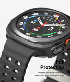 Galaxy Watch Ultra | Slim & Glass - Close-up of a black protective case on a Galaxy Watch Ultra with a perforated strap.