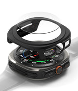Galaxy Watch Ultra | Slim & Glass - Exploded view of a black protective watch case and glass screen protector above a smartwatch.