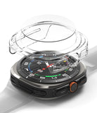 Galaxy Watch Ultra | Slim & Glass - A clear protective case hovering above a Galaxy Watch Ultra with a digital face.