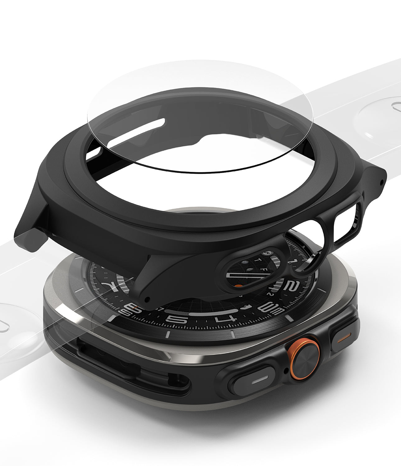 Galaxy Watch Ultra | Slim Extend & Glass - Exploded view of a black protective watch case and glass screen protector above a Galaxy Watch Ultra.