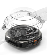 Galaxy Watch Ultra | Slim Extend & Glass - A clear protective case and screen guard hovering above a Galaxy Watch Ultra.