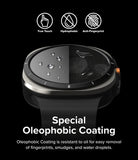 Galaxy Watch Ultra Screen Protector | Glass - R10 - Galaxy Watch Ultra Screen Protector - Split-screen view of a watch face showing water beading off versus fingerprint smudges.