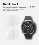 Galaxy Watch Ultra Screen Protector | Glass - R10 - Galaxy Watch Ultra Screen Protector - Four circular glass protectors next to a Galaxy Watch Ultra with a digital face.
