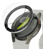 Galaxy Watch 7 40mm | Bezel Styling Premium & Glass - A black tachymeter bezel and glass screen protector hovering above a smartwatch.