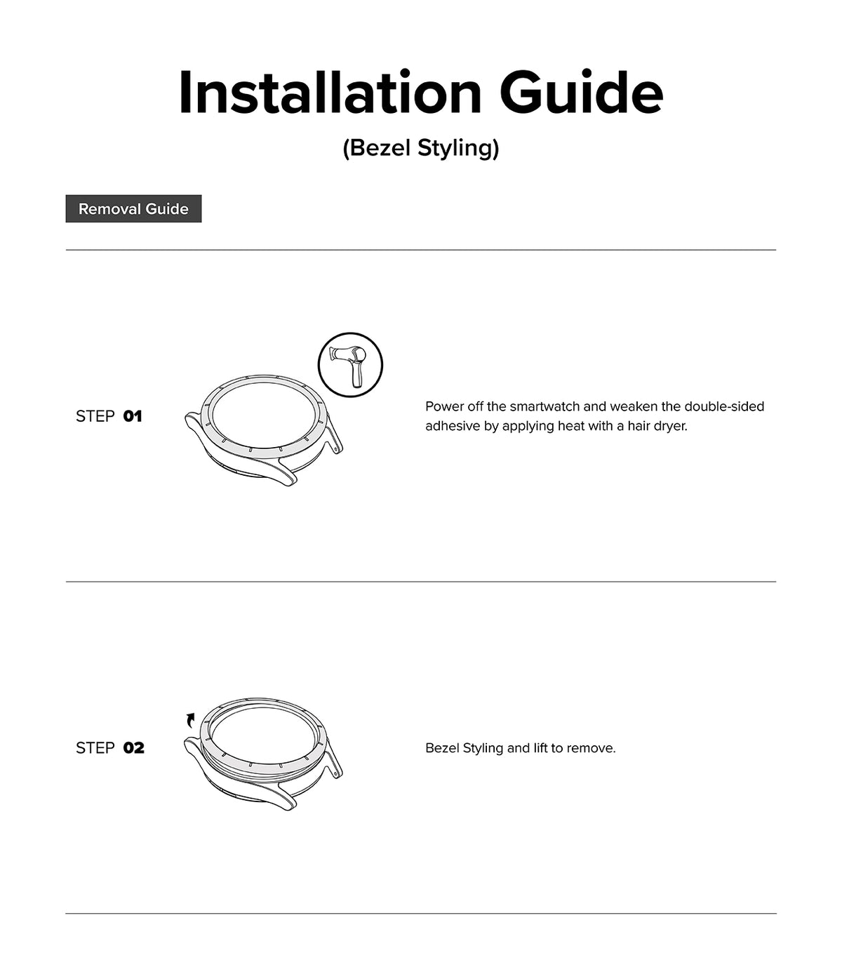 Galaxy Watch 7 40mm | Bezel Styling Premium & Glass - Two-step instructional diagram for removing a watch bezel.