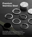 Galaxy Watch 7 40mm | Bezel Styling Premium & Glass - Stainless steel watch bezels arranged on a dark surface near a watch.