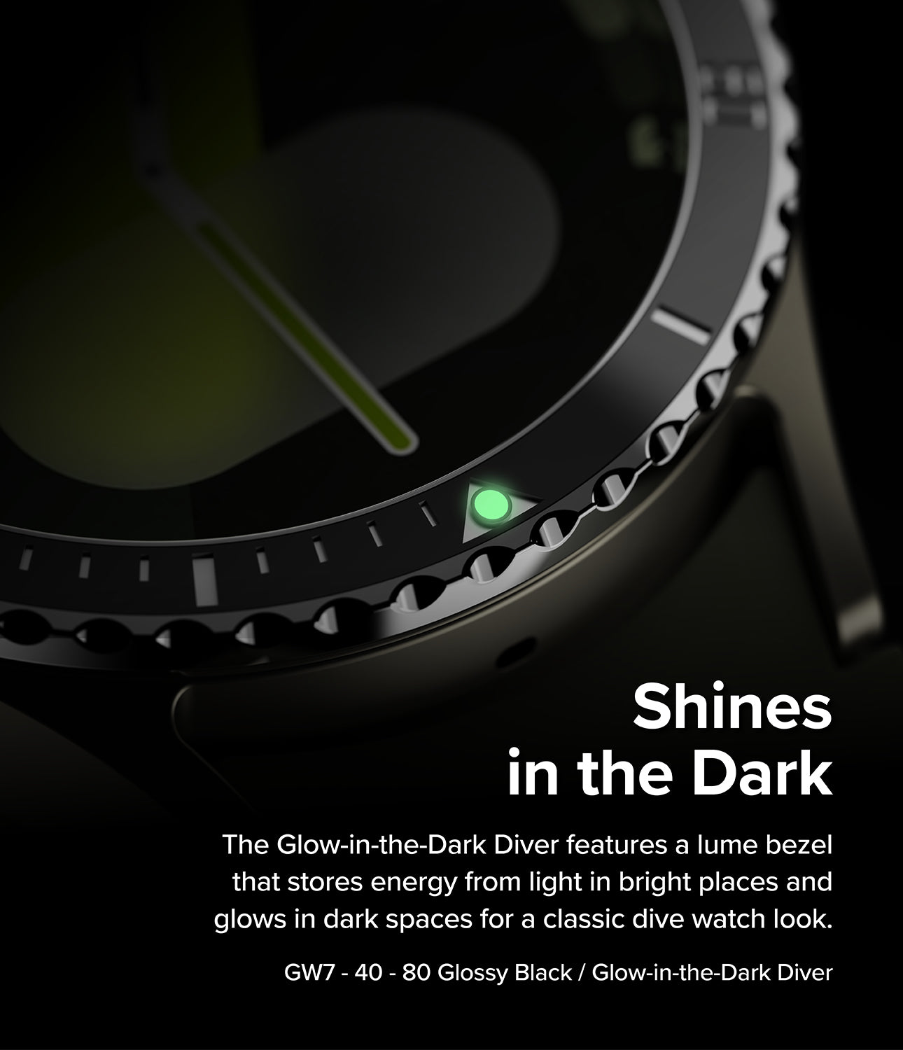 Galaxy Watch 7 40mm | Bezel Styling Premium & Glass - Close-up of a black watch bezel with a glowing green lume marker.