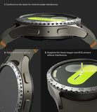 Galaxy Watch 7 (40mm) | Bezel Styling & Glass - Three close-up views showing bezel fit, button design, and sensor clearance.