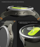 Galaxy Watch 7 (40mm) | Bezel Styling & Glass - Three close-up views showing bezel fit, button design, and sensor clearance.