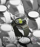 Galaxy Watch 7 (44mm) | Slim & Glass - A clear protective case and glass screen protector hovering over a smartwatch.