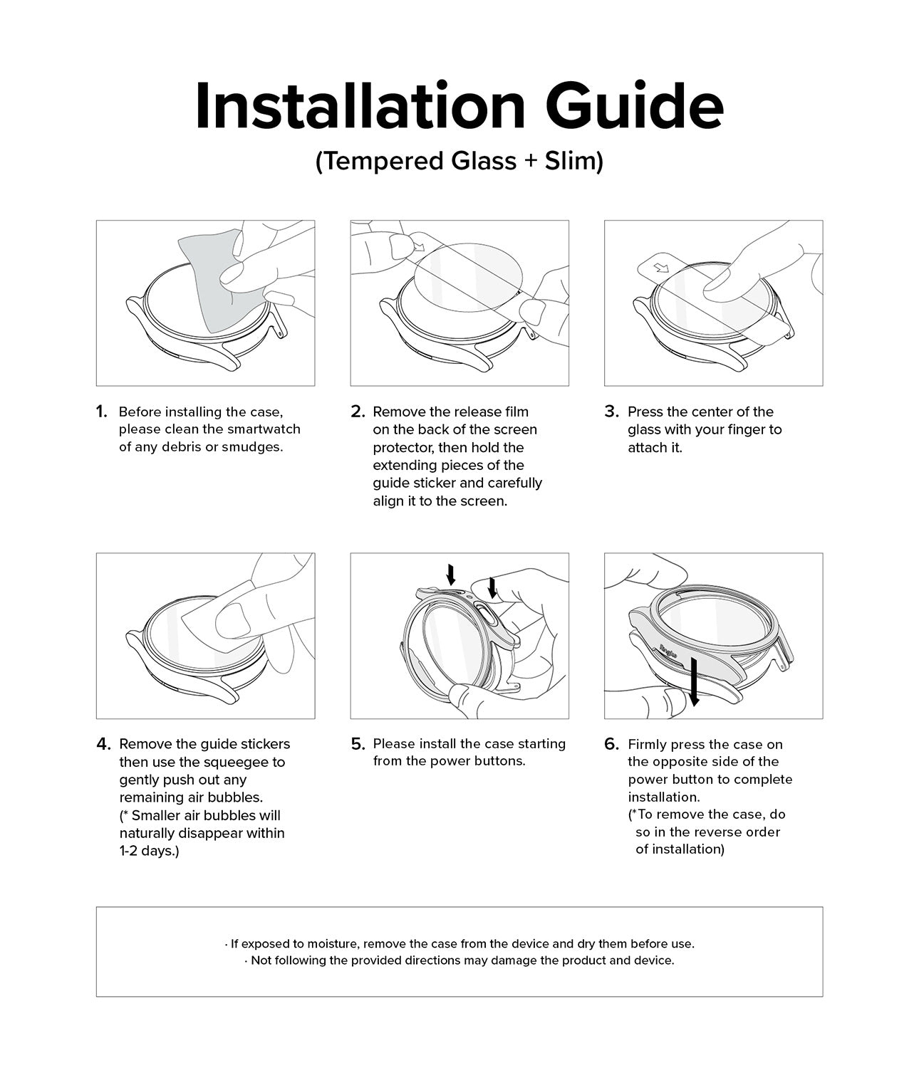 Galaxy Watch 7 (40mm) | Slim & Glass - Six-step illustrated guide for installing a tempered glass screen protector and case.