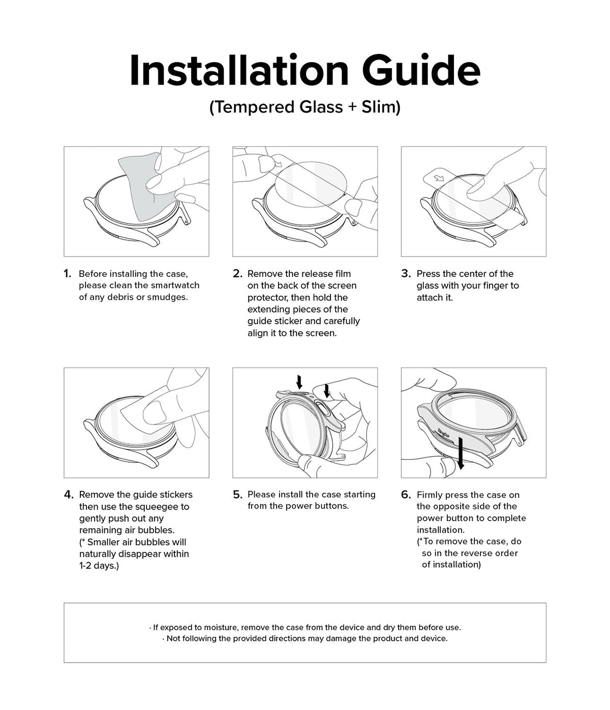 Galaxy Watch 7 (40mm) | Slim & Glass - Six-step illustrated guide for installing a screen protector and case on a smartwatch.