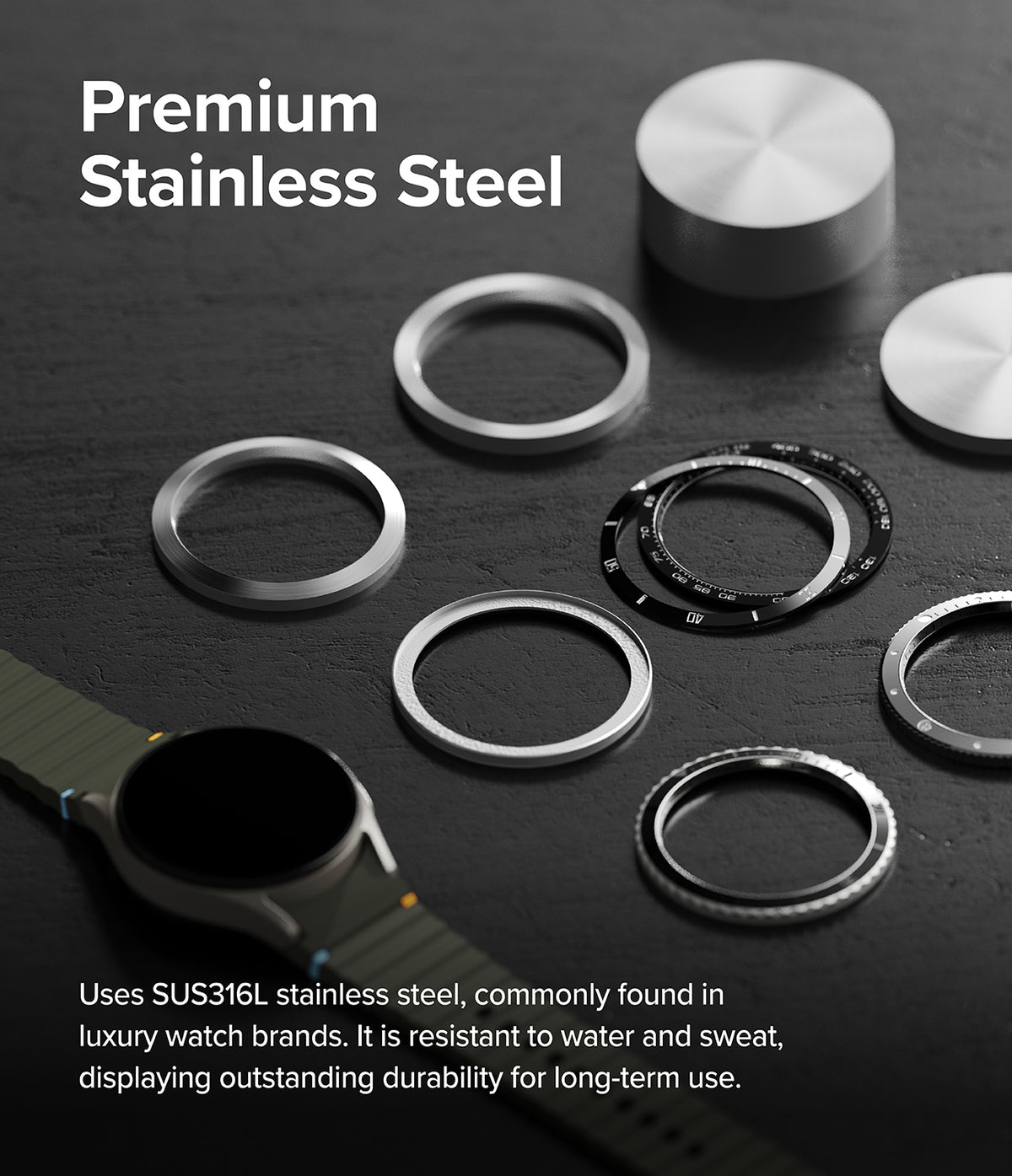 Galaxy Watch 7 44mm | Bezel Styling Premium & Glass - Stainless steel watch bezels arranged near a smartwatch on a table.
