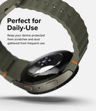 Galaxy Watch 7 (44mm) | Bezel Styling & Glass - Side view of a Galaxy Watch 7 with an olive strap and protective bezel.