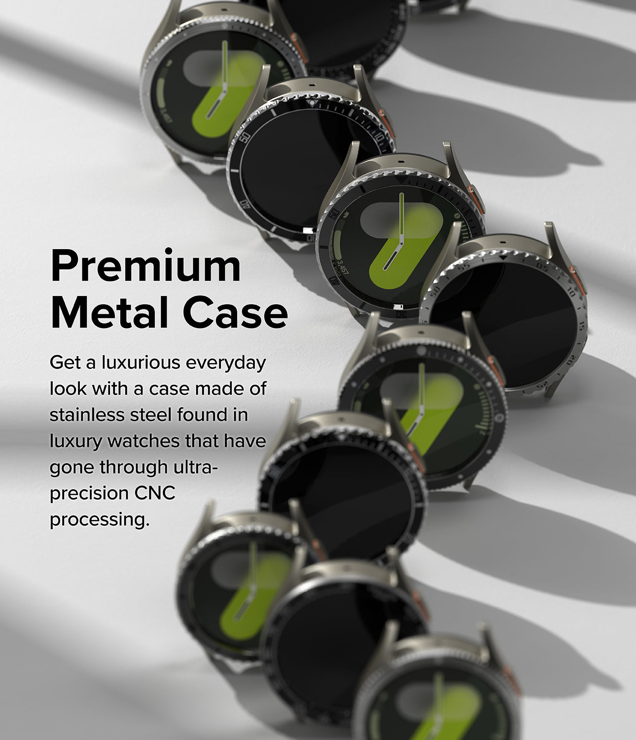 Galaxy Watch 7 (44mm) | Bezel Styling & Glass - Multiple Galaxy Watch 7 units arranged in a line on a white surface.
