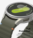 Galaxy Watch 7 (44mm) | Slim & Glass - Close-up of a clear protective case on a Galaxy Watch 7 with a green strap.