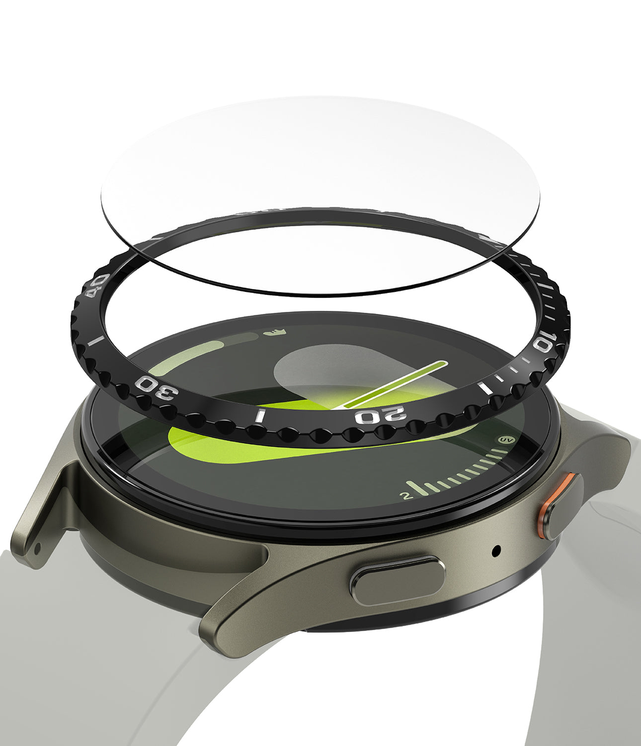 Galaxy Watch 7 (44mm) | Bezel Styling & Glass - Galaxy Watch 7 (44mm) | Exploded view of a smartwatch with a floating protective glass screen and a black bezel ring.