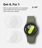 Galaxy Watch 7 44mm Screen Protector | Glass - R6 - Galaxy Watch 7 44mm Screen Protector - Four circular glass protectors next to a smartwatch with a green band and watch face.