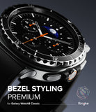 Galaxy Watch 8 Classic 46mm | Bezel Styling Premium - Close-up of a metallic, notched watch bezel on a black smartwatch.