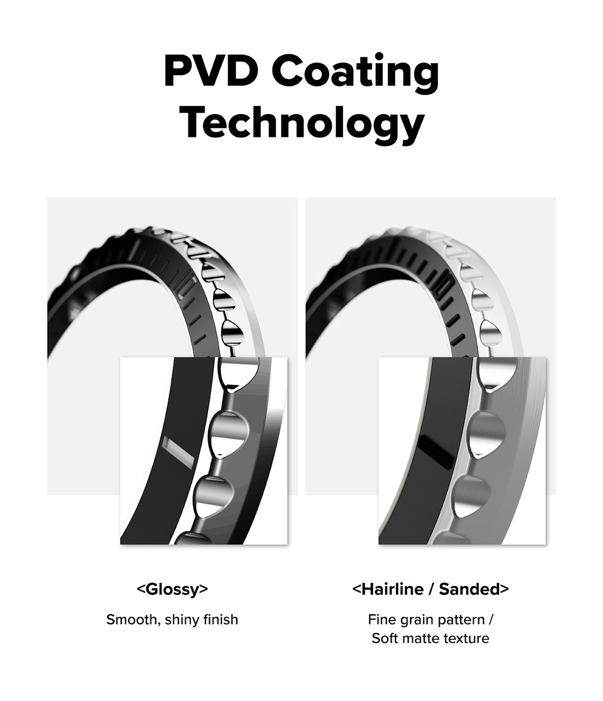 Galaxy Watch 8 Classic 46mm | Bezel Styling Premium - Comparison of glossy and hairline PVD coating finishes on a watch bezel.