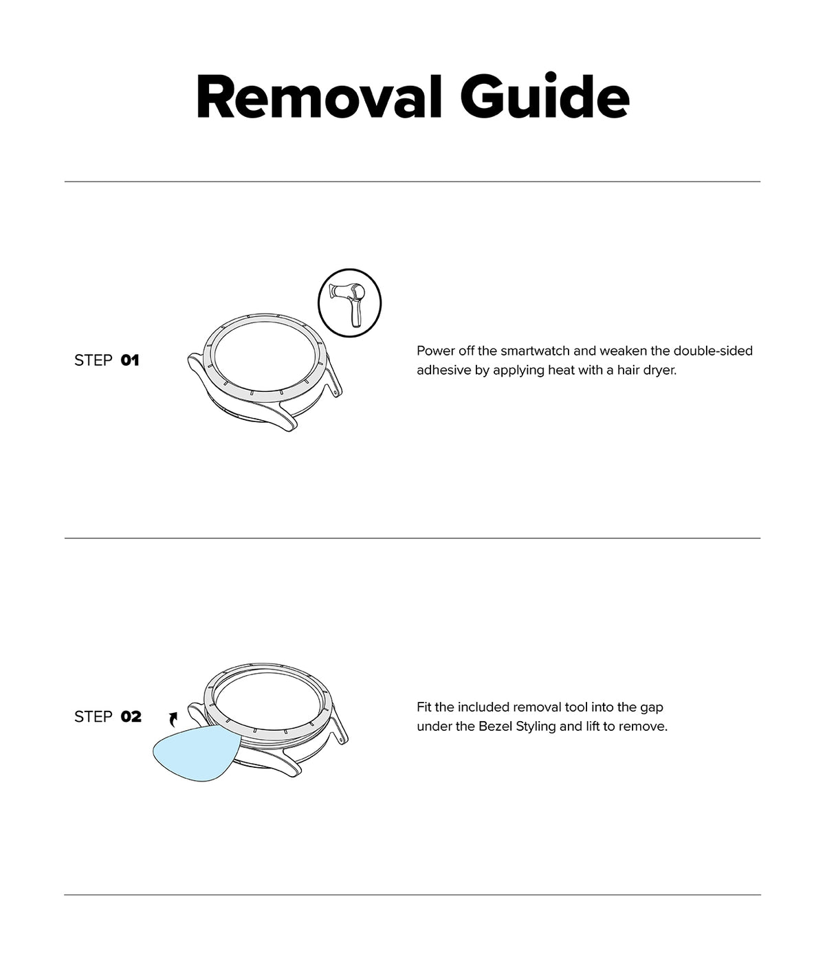 Galaxy Watch 8 Classic 46mm | Bezel Styling Premium - Two-step guide showing a hair dryer heating the watch and a tool lifting the bezel.