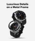 Galaxy Watch 8 Classic 46mm | Bezel Styling Premium - Two Galaxy watches with black leather bands and metallic bezels.