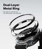 Galaxy Watch 8 Classic 46mm | Bezel Styling Premium - Exploded view of a dual-layer metal watch bezel above a smartwatch.