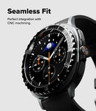 Galaxy Watch 8 Classic 46mm | Bezel Styling Premium - Close-up of a black smartwatch with a metallic, CNC-machined bezel and a moon phase watch face.