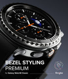 Galaxy Watch 8 Classic 46mm | Bezel Styling Premium - Close-up of a black, textured metal watch bezel on a smartwatch.