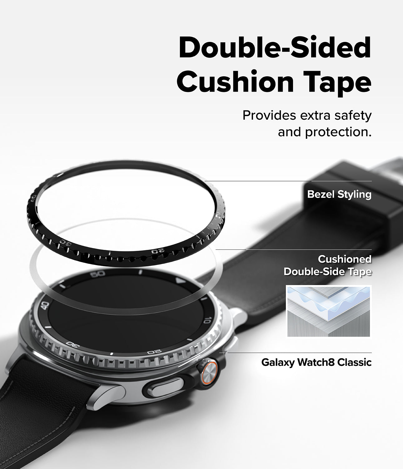 Galaxy Watch 8 Classic 46mm | Bezel Styling - Exploded view showing bezel, adhesive tape, and watch body assembly.