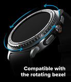 Galaxy Watch 8 Classic 46mm | Inner Bezel Styling - Close-up of a smartwatch with a blue arrow indicating rotating bezel.