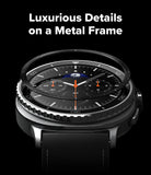 Galaxy Watch 8 Classic 46mm | Inner Bezel Styling - Metal bezel ring hovering above a black smartwatch with moon phase dial.