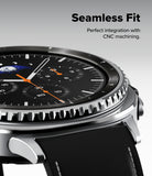 Galaxy Watch 8 Classic 46mm | Inner Bezel Styling - Galaxy Watch 8 Classic 46mm - Close-up of a silver smartwatch with a textured rotating bezel and black leather strap.