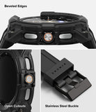Galaxy Watch 8 Classic 46mm Case + Band | Rugged Gear - Galaxy Watch 8 Classic 46mm Case + Band - Rugged black watch case with beveled edges, open button cutouts, and metal buckle.