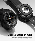Galaxy Watch 8 Classic 46mm Case + Band | Rugged Gear - Two black rugged watch cases with integrated bands shown front and back.