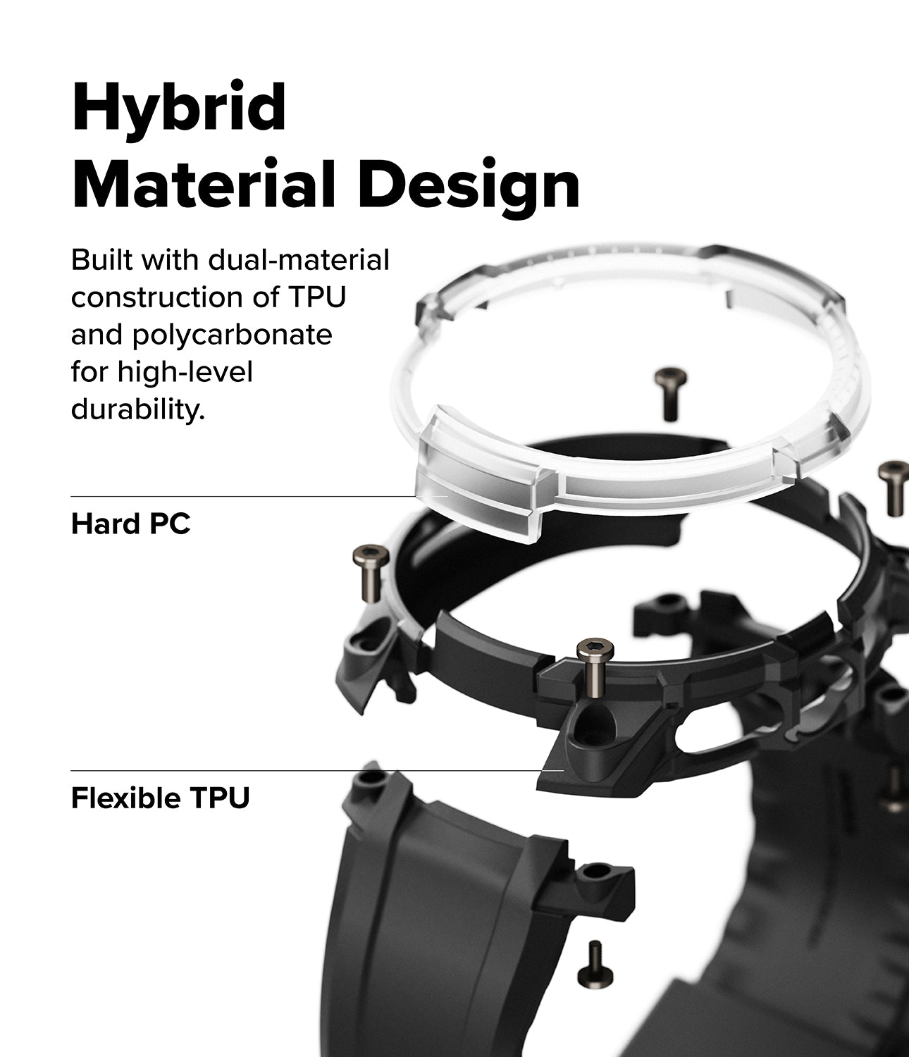 Galaxy Watch 8 Classic 46mm Case + Band | Rugged Gear - Exploded view showing hard PC and flexible TPU watch case parts.