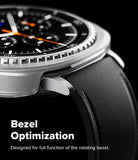 Galaxy Watch 8 Classic 46mm Case | Slim - Close-up of a silver watch case with a textured bezel and black leather strap.