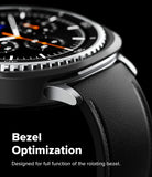 Galaxy Watch 8 Classic 46mm Case | Slim - Close-up of a smartwatch with a metallic rotating bezel and black leather strap.