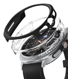 Galaxy Watch 8 Classic 46mm Case | Slim - Exploded view of a black and clear protective case hovering over a silver smartwatch.