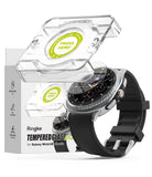 Galaxy Watch 8 Classic 46mm Screen Protector | Tempered Glass Pro - Installation jig hovering over a smartwatch.