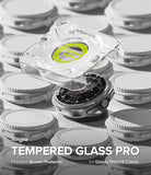 Galaxy Watch 8 Classic 46mm Screen Protector | Tempered Glass Pro - Installation tool hovering over a smartwatch with tempered glass screen.