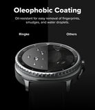 Galaxy Watch 8 Classic 46mm Screen Protector | Tempered Glass Pro - Split screen showing clean water beads on Ringke vs smudges on others.