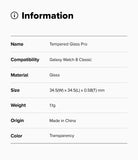 Galaxy Watch 8 Classic 46mm Screen Protector | Tempered Glass Pro - Information table listing product specs like material, size, and weight.