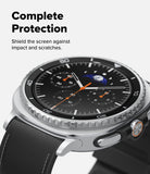 Galaxy Watch 8 Classic 46mm Screen Protector | Tempered Glass Pro - Close-up of a silver smartwatch with a black leather strap and screen.